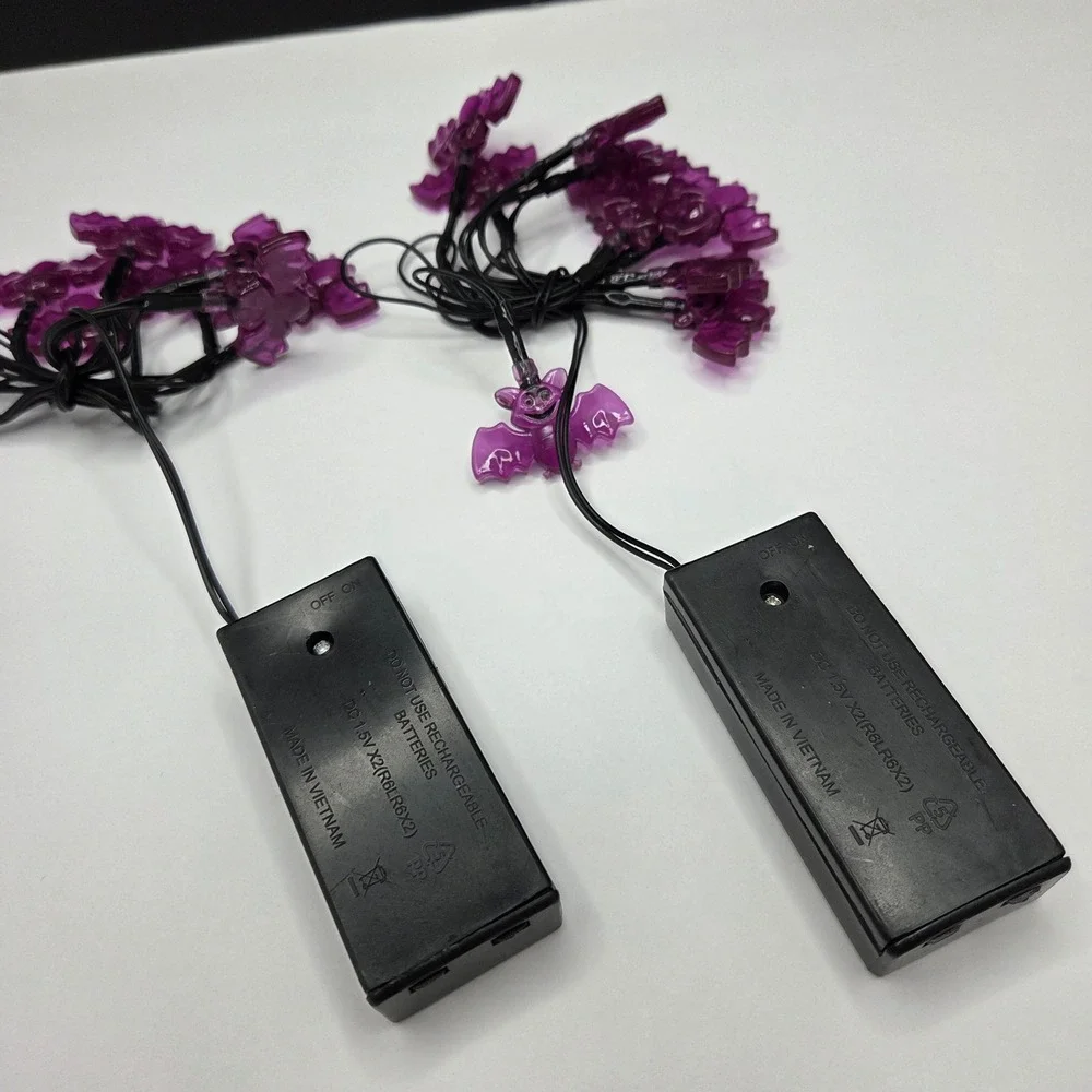 Halloween Bat String Lights Purple LED Battery Operated 2 Pack Set Spooky Decor